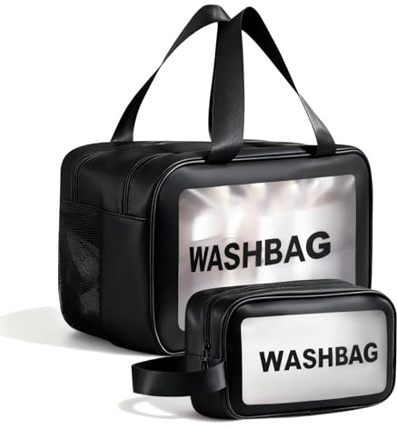 QingWing 2 Piezas Neceser Impermeable, Neceser Transparente PVC Portátil | Bolsa de Cosméticos Impermeable Almacenamiento, Organizador de para Mujer Transparente Mpermeables, Para Baño, Avión (Negro)