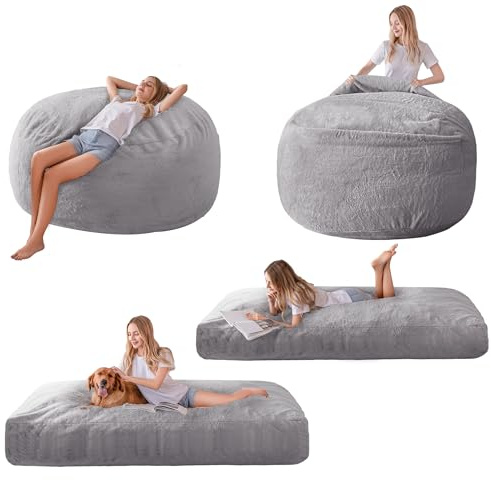 MAXYOYO Giant Bean Bag Chair Bed for Adults, Includes Two Beds, Convertible Beanbag Folds from Lazy Chair to Floor Mattress Bed, High-Density Foam Filling, Machine Washable, Grey, King