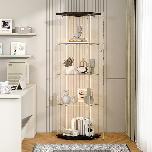 Vitrine d'angle en Verre avec LED, Vitrine Colonne à 4 Étagères pour Collection, Vitrine sur Pied en verre avec Portes et Serrure, Casiers d'angle Vertical vitrine de Rangement (Noir-7B, 60x44x163)
