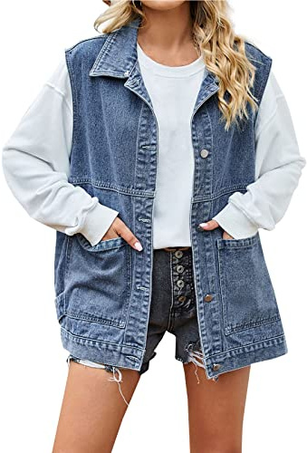 Gilet en jean pour femme - Surdimensionné - Décontracté - Classique - Veste en jean sans manches - Veste en jean - Gilet décontracté - Printemps - Cardigan - Haut d'extérieur - Veste de loisirs