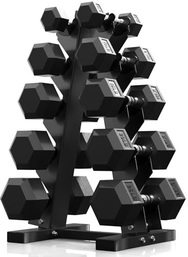 PAPABABE Dumbbell Set Rubber Encased Hex Dumbbell Free Weights Dumbbells Set Home Weight Set- 150 lb Set (Pair of 5 10 15 20 25 lb with Rack)