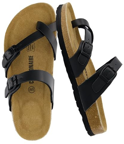 CUSHIONAIRE Luna Sandals for Women, Cork Footbed Womens Sandals for Summer Comfort with Adjustable Straps, Wide Width Available, BLACK 9