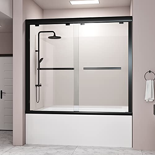 DELAVIN Bypass Tub Shower Door Double Sliding 56-60 in. W x 59 in. H Semi-Frameless Bathtub Door, 1/4 inch SGCC Clear Tempered Glass Tub Door with Explosion-Proof Film, Black Shower Door