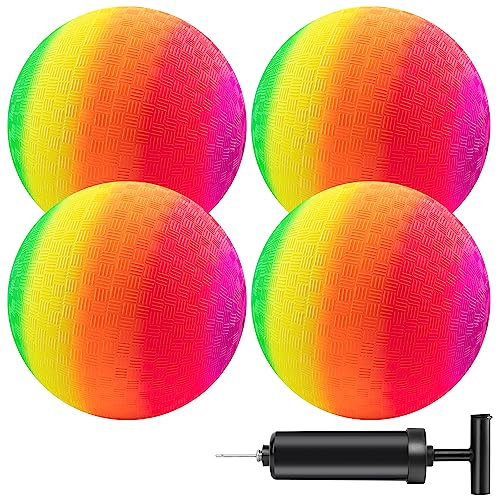 Micsoa MIC Softball 4er-Set-21,6 cm Regenbogen Bälle Kickballs, Bouncy VC Fussball für Kinder und Erwachsene-Dodgeball Handball Spielplatzbälle für Innen und Außen, Schulhofspiele mit Handpumpe