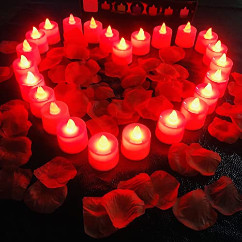 24 Lumini a LED,Candele a Lume di Candela Tremolanti Senza Fiamma Funzionanti a Batteria con 100 Petali Rosa Artificiale (Rotonda-Luce Rossa)