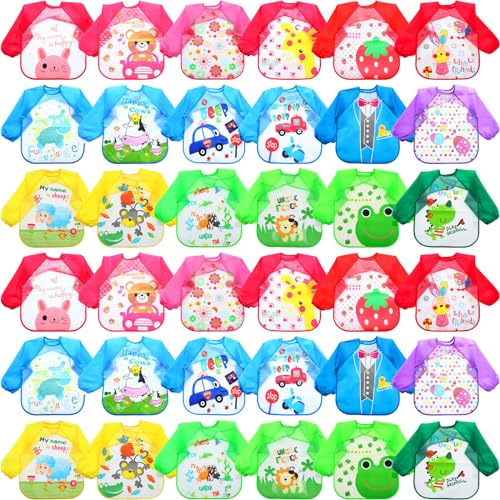 Jeere 36 Pcs Kids Art Smocks Bulk Toddler Smocks for Painting Waterproof Children's Paint Aprons Colorful Washable Long Sleeve Crafts Supplies for Classroom Baby Boys Girls Aged 1-4 Years