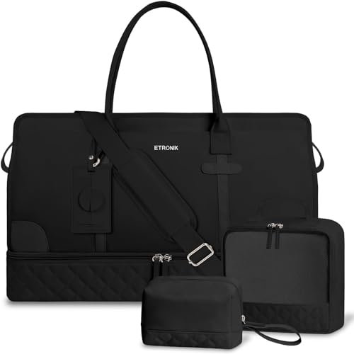 ETRONIK Weekender Reisetasche Damen, Große Reisetasche mit Schuhfach & Nass-Tasche, Weekender Bag Damen Tragetasche Sporttasche mit Kulturtasche, Tasche für Krankenhaus 4er Set, schwarz