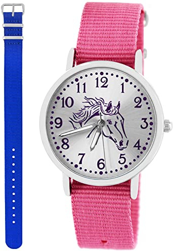 Pacific Time Lot de 2 montres-bracelets pour enfant fille garçon cheval avec bracelet en textile rose + un autre bracelet analogique à quartz, bleu, Lanières