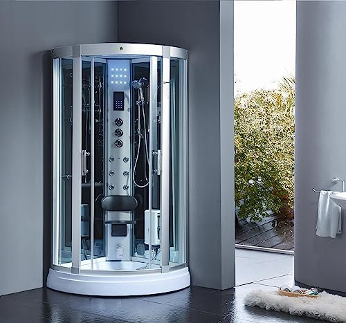 PureHaven Dampfdusche 90x90 cm für 2-Personen mit Tropenbrause LED Radio Massagefunktion Sitzfläche Regenfalldusche Sternenhimmel Ozondesinfektion