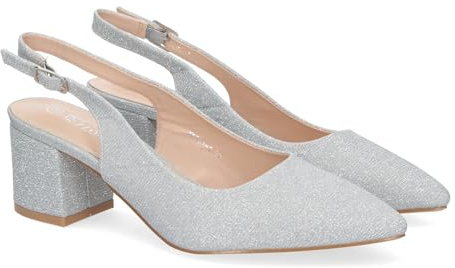 shoes&blues.es 81522-Zapato de Salon para Mujer, Diseno Elegante con Tacon, Abierto por el Talon, Puntera Fina y Cierre de Hebilla Ajustable.. Talla 36 Plata