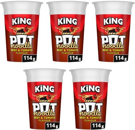 Kiing Pot Noodle Beef and Tomato Flavour 114g - Just pour boiling water in and wait - A Quick, Filling And Tasty Snack Pot Ready In Just 4 Minutes - Pack of 5 x 114g