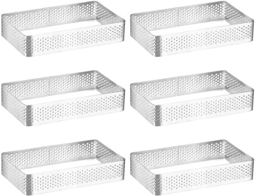 Xanewza Cercle à Tarte Perforé Rectangulaire, Lot de 6 Anneau à Tarte de Pâtisserie, Moule Pâtisserie Rectangulaire en Acier Inoxydable, Perforés pour Gâteaux en Mousse (10 * 6 * 2cm)