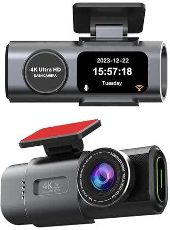 Dash CAM Delantero y Trasero, Cámara de Tablero Dual 4k+1080P para Automóviles, Visión Nocturna Gran Angular, Modo de Estacionamiento 24H, Sensor G, Grabación en Bucle, Soporte