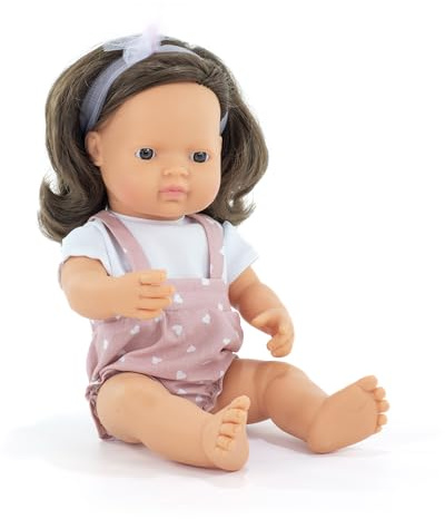 Miniland Baby Doll Brunette Girl 38cm. Made in Spain with vanilla scent. Anatomically correct. My Friends & Me collection