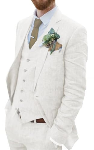 Wehilion Costume en lin rétro pour homme, plage, mariage, été, coupe slim, 3 pièces, léger, lin, veste de costume, gilet, pantalon, smoking, Blanc., L