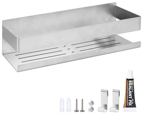 EXLECO Estanteria Baño 30 CM Estanteria Ducha sin Taladro Acero Inoxidable Estante de Ducha Colgante con 2 Ganchos Repisas para Baño Organizador Baño Autoadhesiva Organizador Baño, Cepillado Cromo