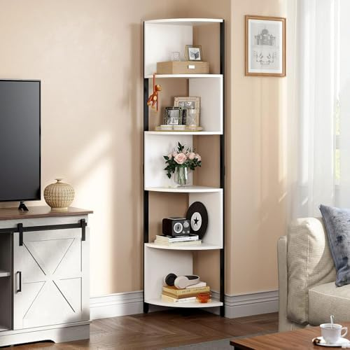 YITAHOME Bücherregal aus Holz mit 6 Fächern - Eckregal freistehend modern für Wohnzimmer, Büro & Schlafzimmer - Weiß (36x36x175 cm) Stauraum Möbel