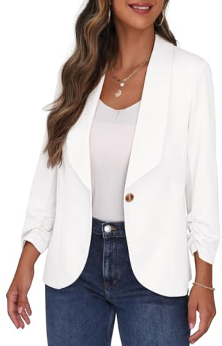 PrinStory Blazer pour femme, col à revers, manches 3/4, froncées, veste de costume, cardigan à un bouton, blazer court, tenue décontractée pour le bureau
