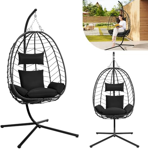 Laneetal Sedia Sospesa a Uovo con Supporto, Poltrona Sospesa con Cuscino e Poggiatesta, Portata 150 kg, Rattan PE, Struttura in Metallo, per Giardino Patio Balcone Terrazza, 102x100x196cm, Antracite