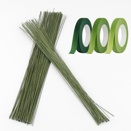 Luckwaii Tige Fleur Artificielle Fil de Fer Fleuriste, 150 Pièces Tiges Fleurs Artificielles avec 3 Papier Crépon, Floratape Fleuriste 30 cm Florist Wire Facile à Plier pour Bouquets Artisanat (Vert)