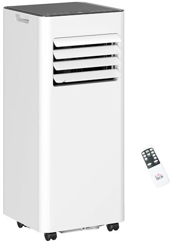 HOMCOM Climatiseur mobile 7000 BTU/H 2,1KW climatiseur portable 4 en 1 refroidissement, ventilateur, déshumidificateur, mode veille, minuterie 24H, 2 vitesses et télécommande, kit d'évacution, blanc