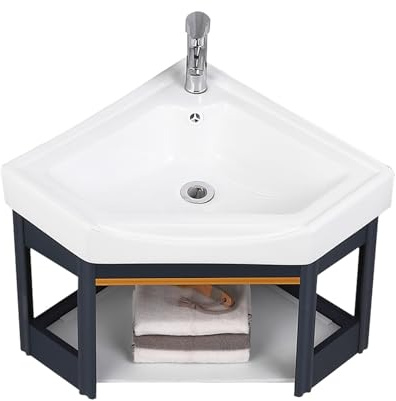 Hörntvättställ för väggmontering, 42 cm stor keramisk tvättställskombination för små rum, svävande skåpdesign, modernt hörnhandfat med stativ (färg: 2)