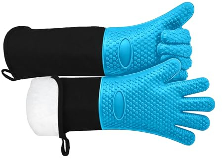 Extra Long Silicone Oven Gloves,Barbecue Gloves,Waterproof and Slip-resistant,Suitable for Grills, Weber BBQs,Pizza Ovens, Microwaves,Cooking, Baking, Heat-resistant Oven Gloves (Blue)