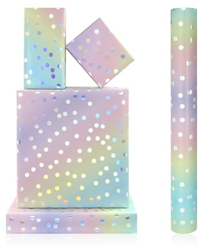 Geschenkpapierrolle, metallische Folie, silberfarbener Kreis auf Regenbogen-Farbverlauf, Geschenkpapier – luxuriöse Pastell-Prinzessinnen-Kunstpapierrolle für Geburtstag, Babyparty, Hochzeiten