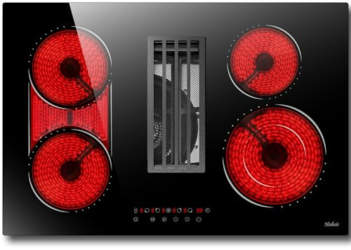 Hobsir Placa de Vitrocerámica con Extractor Integrado 77 cm, 7100W 4 Zonas, 9 Niveles de Potencia, Seguro Infantil, Función Flex, Para Empotrar – Filtro de Carbón Activo, Sin Conducto de Extracción