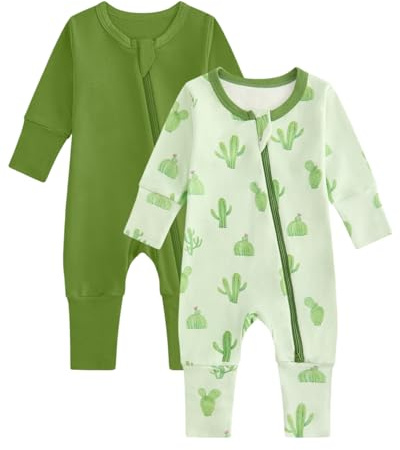 JiAmy 2 Pack Baby Sleepsuits Baby Grows Cotton Two-Way Zip Long Sleeve Footed Pajamas with Mitten Cuffs Newborn Clothes for Boys Girls 9-12 Months Green