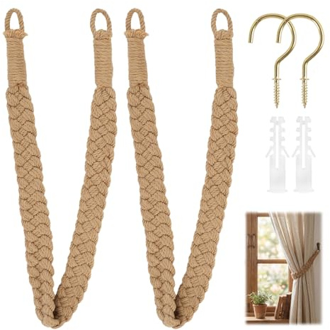 Sylalxeba 2 Alzapaños de Cortina Trenzados,Sujetacortinas Gancho Metal Boho | Cuerda algodón natural trenzada a mano. Gancho metálico incluido. Estilo rústico boho. Para salón, dormitorio, cocina.