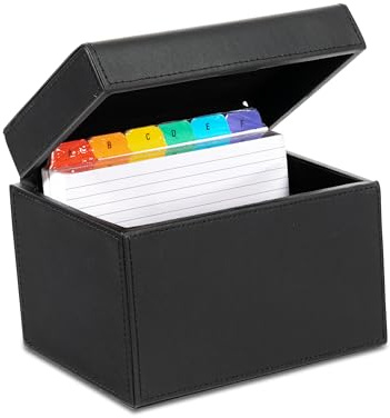 Osco Medium Black Hi-Gloss Faux Leather Index Box, A to Z Divider Tabs, 100 Lined Revision Cards, Ruled Flash, Recipe Notes, Office Contacts Filing, Holds 6 × 4 card (148 × 105 mm)