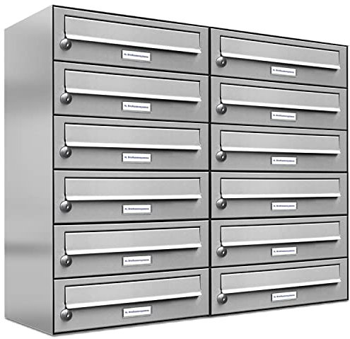 AL Briefkastensysteme 12er Briefkastenanlage Edelstahl, Premium Briefkasten DIN A4, 12 Fach Postkasten modern Aufputz
