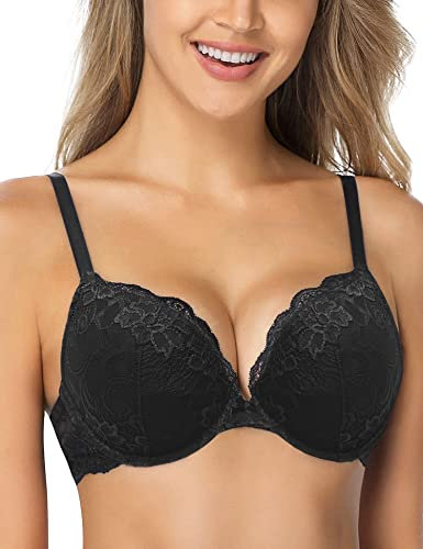 WingsLove Women's Push up Bra Floral Lace Padded Underwire Bra Demi Plunge (Black 32F)