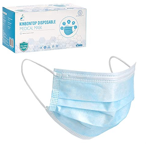 Kinbontop Masque Chirurgical médical Masque de Protection Masque jetable type IIR, Certification CE, à 3 plis, emballés individuellement, lot de 50