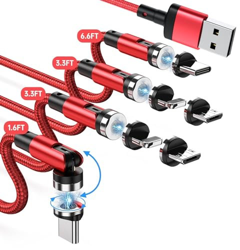 Câbles USB Magnétiques, 3 en 1 Aimanté Câble de Charge [ 4Pack, 0,5m+1m+1.m+2m ] Rotatif à 360° et 180° Nylon Tressé Chargeur de Téléphone, 2,4 A Magnet Cable Compatible avec Micro USB Type C (Red)