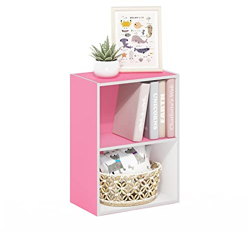 Furinno LUDER Book Shelf, 2-Tier Modern Bookshelf, Open Shelves Bookcase 9 x 16 x 21, for Living Room, Bedroom, Home Office, Pink/White