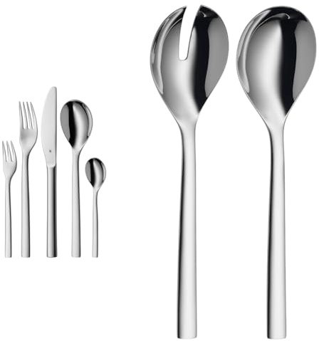 WMF Atria Besteck Set 12 Personen, Essbesteck 60 teilig & Nuova Salatbesteck Edelstahl 25 cm, Salatgabel, Servierlöffel, Cromargan Edelstahl poliert, glänzend, spülmaschinengeeignet
