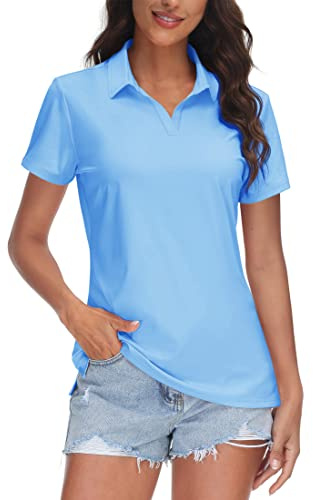 TACVASEN Polo Shirts for Women V-Neck Polos UPF 50+ Short Sleeve Golf Shirt for Work UV Collared Shirt, Waterfall Blue, L
