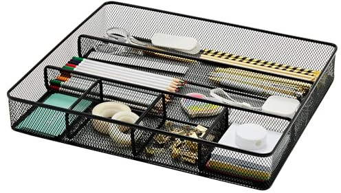 Annova Desk Drawer Organizer/Storage Tray - Metal Mesh with Dividers for Pens, Desktop Accessories, Bathroom, Kitchen, Makeup and Office Supplies (Black)