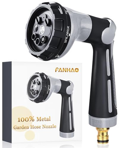 FANHAO Gartenschlauch Spritze 100% Metall,Gartenbrause mit 8 Sprühmustern,Hochdrucksprühdüse,Daumensteuerung,Ein/Aus-Ventil für Rasen-und Pflanzenbewässerung,Auto-und Haustierwäsche-Silber