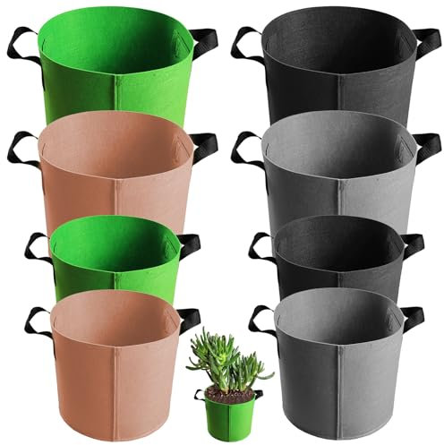 XSHAO® 8 Stück Pflanzsack, Pflanzsack aus Vliesstoff mit Griffe Stofftopf für Blumen, Pflanzen und Mehr, Schwarz, Grün, Khaki, Grau - 1/2 Gallonen (4 L/ 8L)