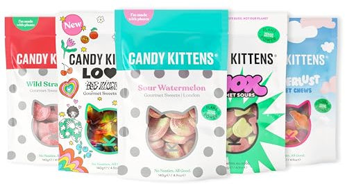 Candy Kittens Vegan Sweets DISCOVERY Selection, 5 x 140g, Vegan Chewy Sweets Bundle - 5 Packs - Wild Strawberry, Sour Watermelon, Shox, Wanderlust & LOVES, Ideal Vegetarian Christmas Candy Gift Set