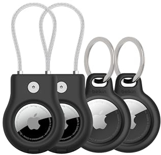 Belkin Apple AirTag Secure Holder w/Key Ring + Wire Cable, Scratch-Resistant Case with Open Face & Raised Edges – Protective AirTag Keychain Accessory for Keys, Pets, Luggage, & More – Black (4-Pack)