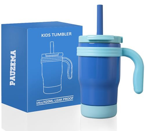 Pauzema 14oz Kinder Thermobecher mit Strohhalm, 420ml Trinkbecher mit 3 in 1 Deckel und Silikon Strohhalm für Kinder, 100% Auslaufsicher, Kids Tumbler - Blau