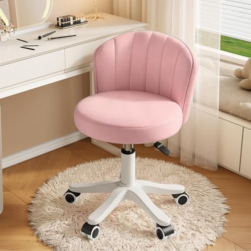 WXJHL Small Round Rolling Desk Chair Armless Comfy Vanity Computer Chair with Low Backrest PU Leather Height Adjustable Swivel Work Spa Chair