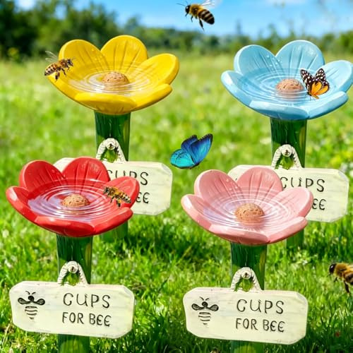 Bee Watering Station for Garden, 4PCS Cups for Bees, Decorative Bee Drinking Feeder with Stake, Flower-Shaped Resin Pollinators Feeder, Outdoor Water Cups for Bees Butterflies Yard Lawn Patio