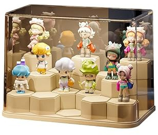 DIY Stackable Transparent Display Case for Figures, Dustproof Acrylic Display Boxes with 24 Movable Hexagonal Blocks, Large Capacity for Pop Mart, Lego, Collectibles (Cream)