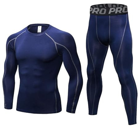 LNFINTDO Set di biancheria intima termica da uomo a compressione, maglia a maniche lunghe e pantaloni lunghi, per allenamento, sci, corsa, escursionismo, blu navy, M