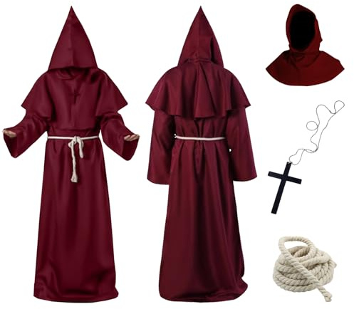 Aitsite Disfraz de Monje Sacerdote, Túnica Medieval Renacentista con Collar de Cruz y Cinturón, Capucha, Disfraces de Sacerdote para Carnaval Cosplay Party.(Rojo-XL)